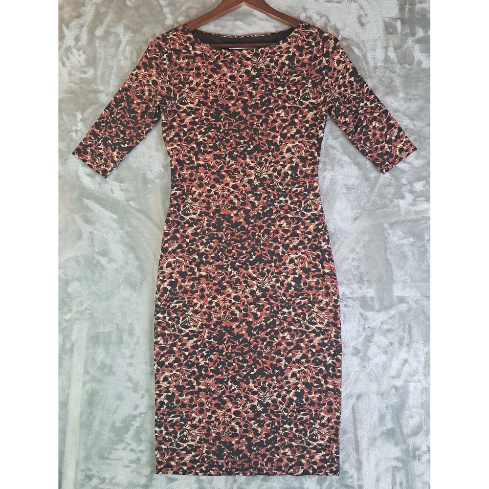 Peruvian Connection Dress XS Terracotta Black Floral Animal Knit Sheath 3/4 Slv